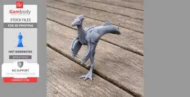 3D-printed Afromimus dinosaur model in a dynamic pose on a wooden surface.