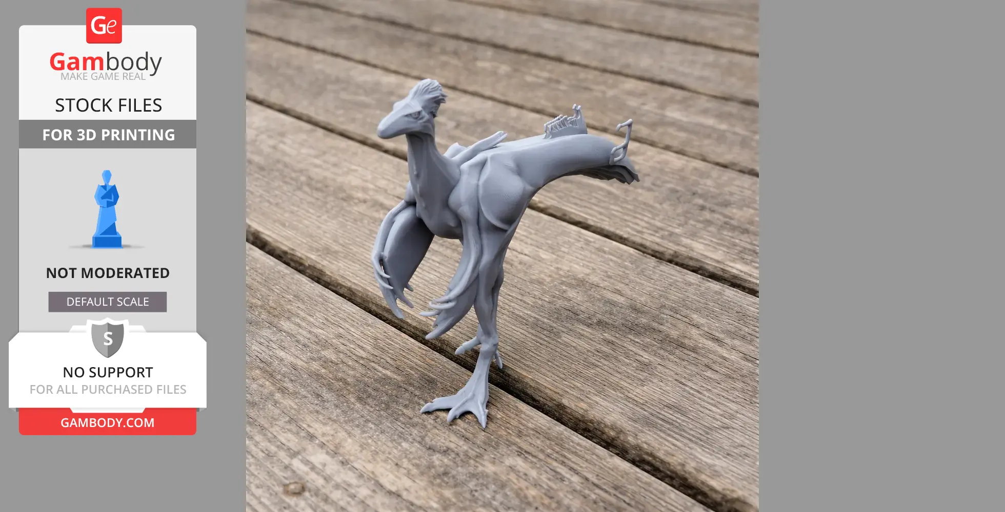 3D-printed Afromimus dinosaur model in a dynamic pose on a wooden surface.