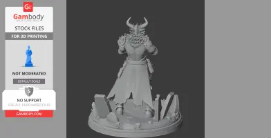 A horned figure in armor with a tattered cape stands on a rocky base, facing away.