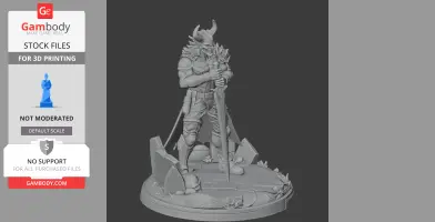 Armored figure with horns holding a sword, standing on a detailed base with rocks and foliage.