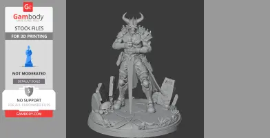Armored warrior figure with horned helmet, standing on detailed rocky base with sword.