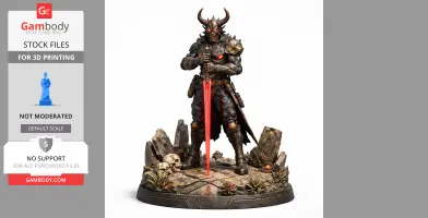 Armored warrior figure with horns and glowing red eyes, holding a sword, standing on a rocky, skull-adorned base.