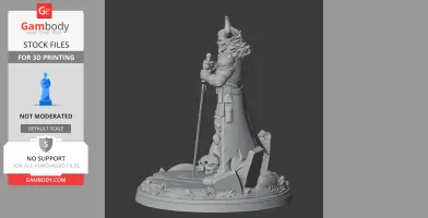 A detailed warrior figure in armor, holding a sword, standing on a base with skulls and foliage.