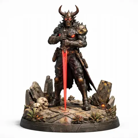 Armored warrior with horns holds a glowing red sword, standing on a detailed rocky base with skulls.