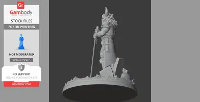 A horned warrior figure stands with a sword, detailed armor, and a rocky base, ready for 3D printing.