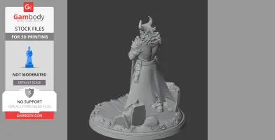 A detailed 3D figure of a horned, armored character with a cape, standing on a rocky base.