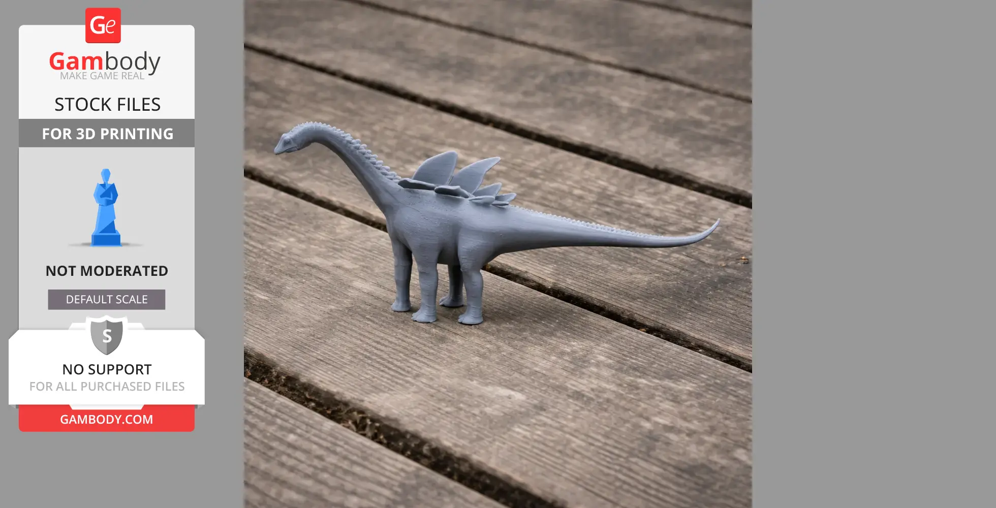 Gray 3D-printed Agustinia dinosaur figurine with plates on its back, displayed on wooden planks.