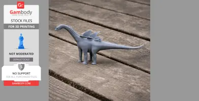 Gray 3D-printed Agustinia dinosaur figurine with plates on its back, displayed on wooden planks.