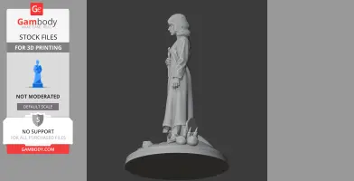 Female figure in a long coat holding a book, standing on a platform with symbolic items.