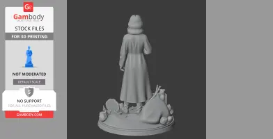 A figure in a long coat stands on a textured base with bags, rocks, and objects around. Back view.