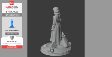A character figure in a long coat stands on a detailed base with various objects around.