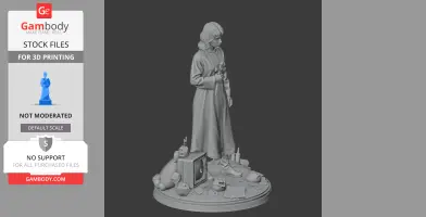 A 3D figure of a woman in a robe holding a cross, surrounded by objects on a decorative base.