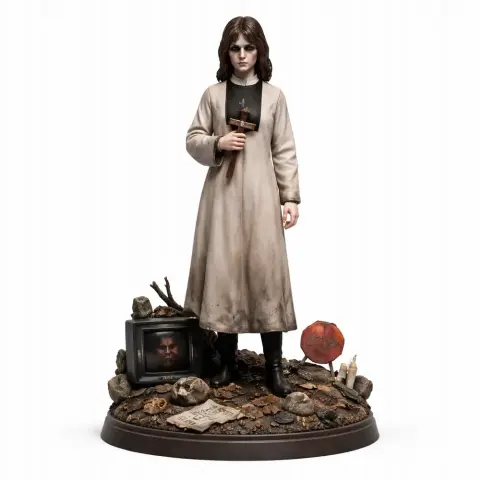 A female figure in a long dress holds a cross, standing on a detailed base with objects and debris.