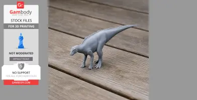 A 3D-printed model of a prehistoric dinosaur, standing on a wooden surface.