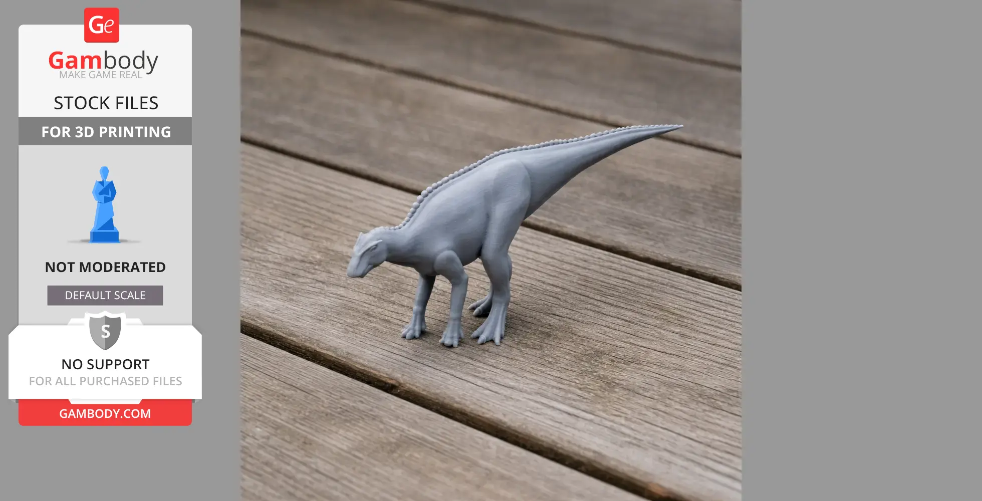 A 3D-printed model of a prehistoric dinosaur, standing on a wooden surface.