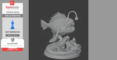 A detailed 3D model of an anglerfish with an open mouth, resting on a base with objects, for 3D printing.