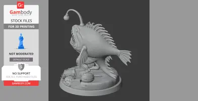 A detailed anglerfish figure with open mouth and lure, set on a base with underwater-themed details.