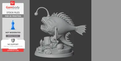 A detailed anglerfish model with open mouth, light lure, and underwater-themed base.
