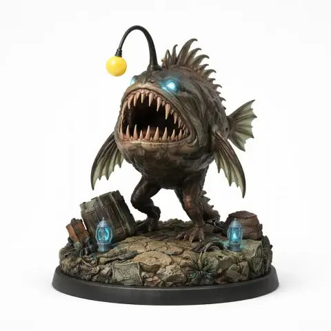 A detailed 3D model of an anglerfish with glowing lure and eyes, standing on a rocky base with barrels.