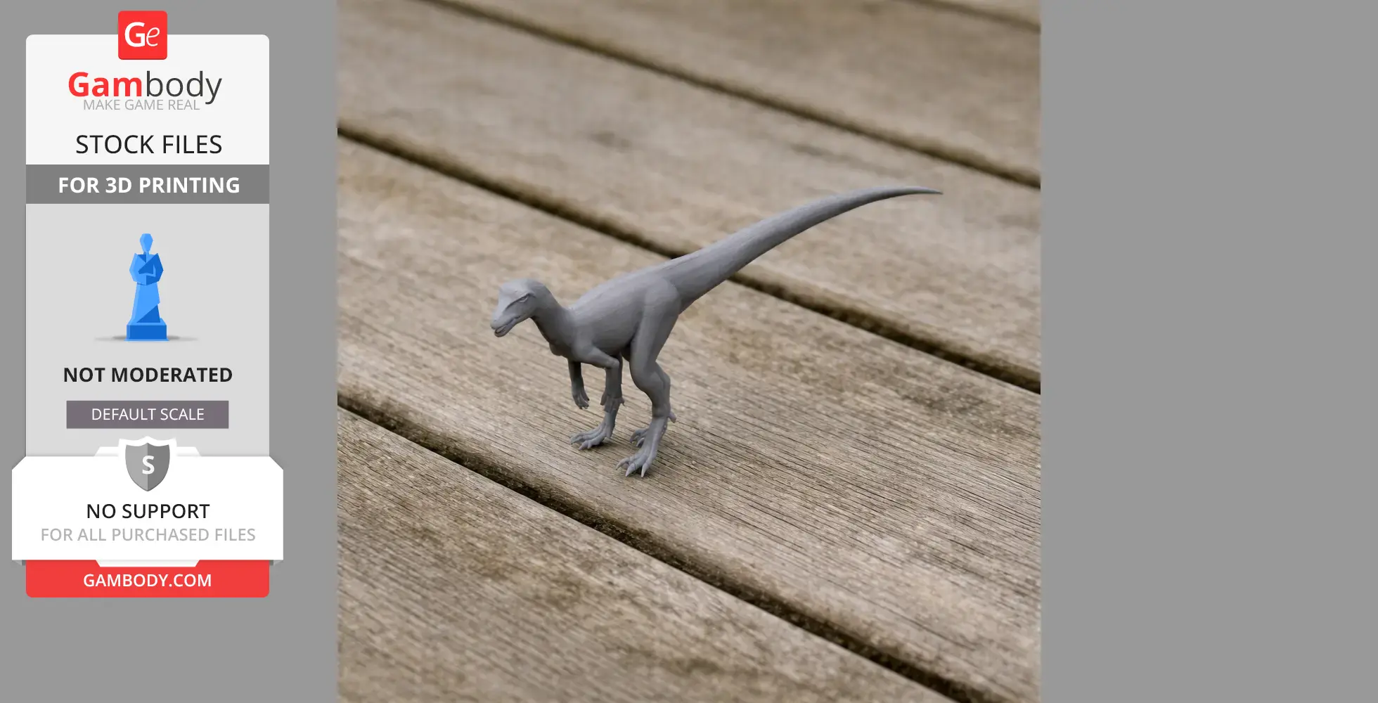 A 3D-printed model of a small, bipedal prehistoric dinosaur with a long tail on wooden planks.