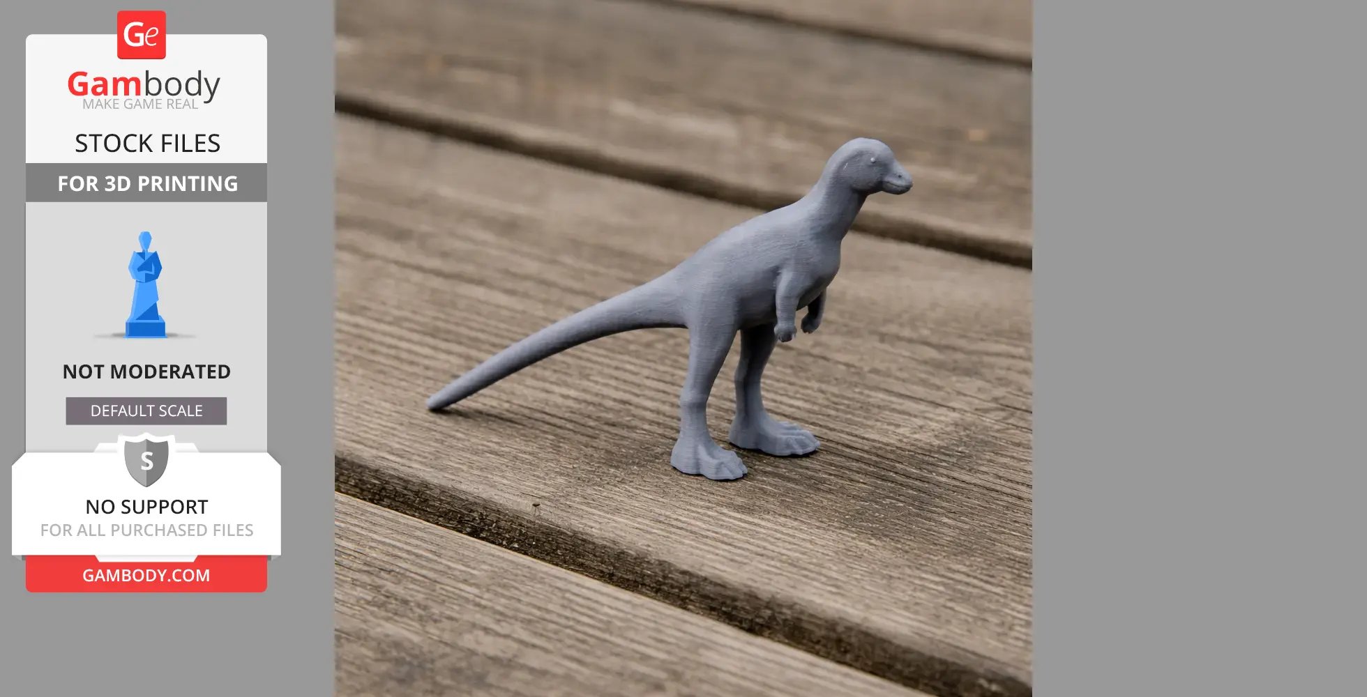 A small, gray 3D-printed dinosaur model stands on a wooden surface.