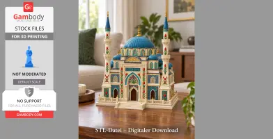 Intricate model of blue-domed architecture with twin minarets, adorned with floral patterns.