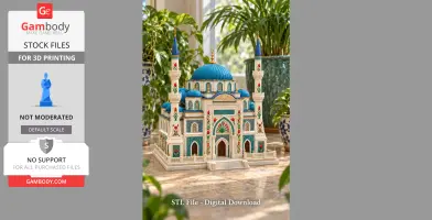 Ornate 3D model of a building with blue domes and twin minarets, surrounded by greenery.