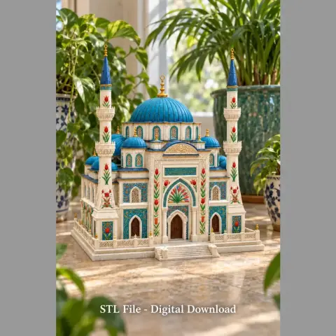 Intricate blue-domed building with twin minarets and ornate details for 3D printing.