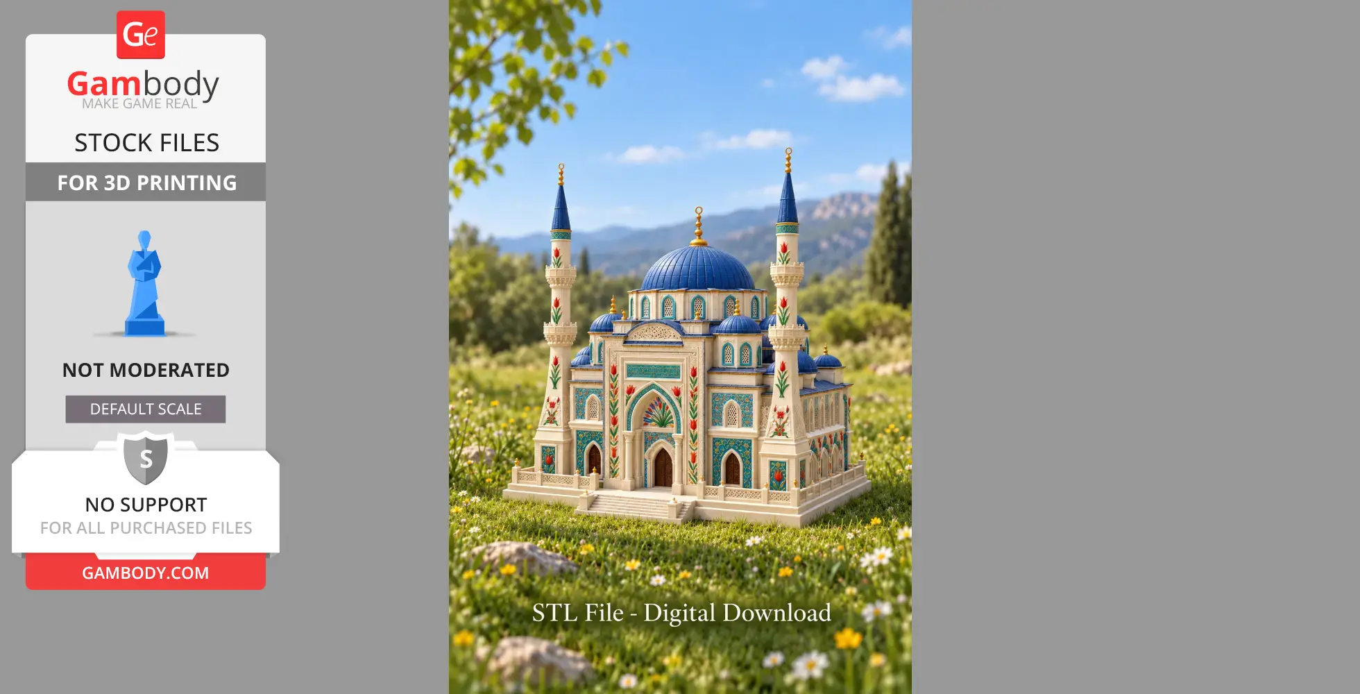 A blue-domed structure with twin minarets and colorful details, set in a grassy landscape.