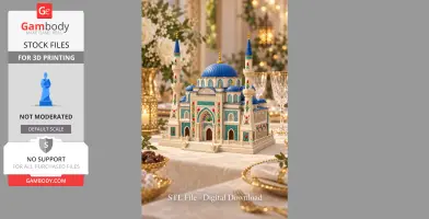 A detailed 3D model of a building with a blue dome and two minarets, set on a decorated table.