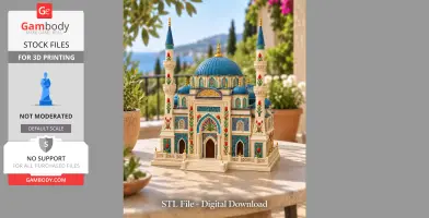 Colorful 3D model of a building with blue domes and minarets, designed for 3D printing.