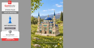 A blue-domed structure with twin minarets and colorful details, set in a grassy landscape.