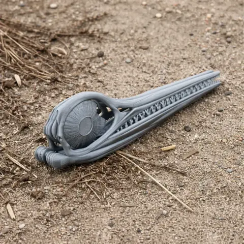 3D-printed Ophthalmosaurus skull replica lying on sandy ground.