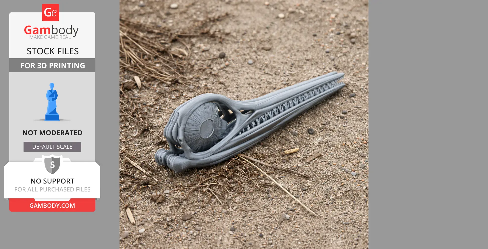 3D-printed Ophthalmosaurus skull model on sandy ground.