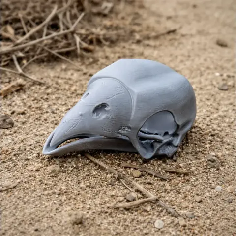 3D-printed gray replica of an Opisthocomus bird skull, displayed on a sandy surface.