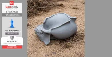 3D printed orangutan skull replica resting on sandy ground.
