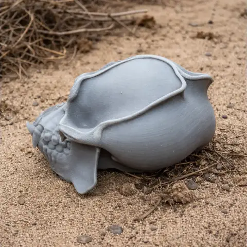 3D printed gray orangutan skull model on sandy ground.