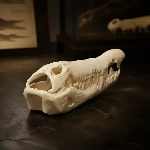 A 3D-printed Orinoco crocodile skull replica, detailed and textured, displayed on a dark surface.