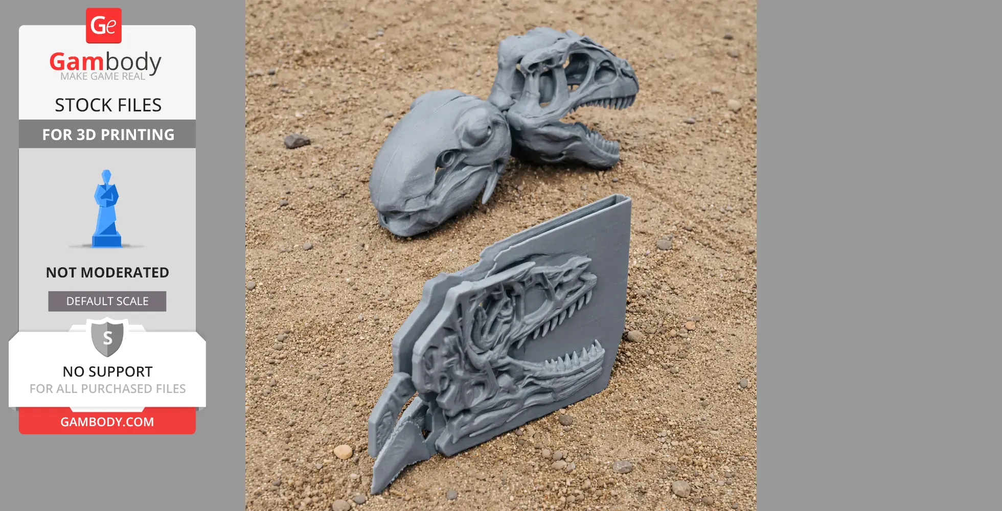 3D printed Ornatotholus skull replicas on sandy ground, including a flat relief version.