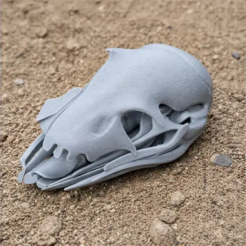 3D-printed Ornithotarsus skull replica resting on a sandy surface.