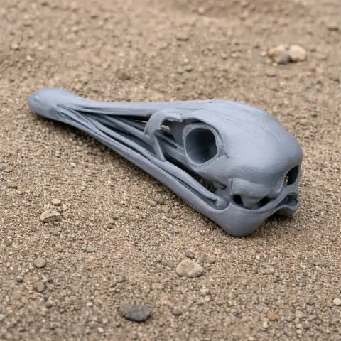 3D-printed Ostromia bird skull replica on sandy surface.