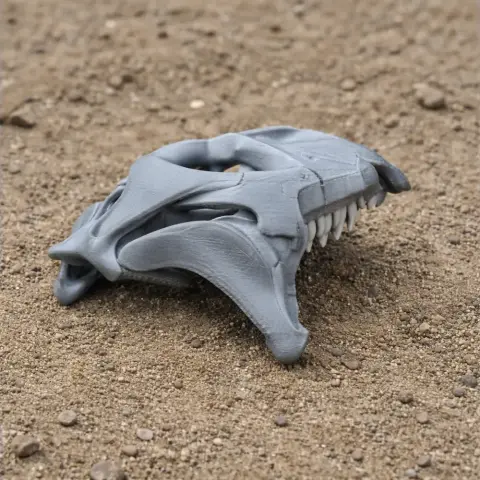 3D-printed Othnielosaurus skull replica on sandy ground.