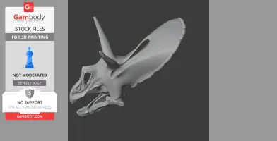 A 3D model of a stylized dinosaur skull with elongated horns and a large frill.