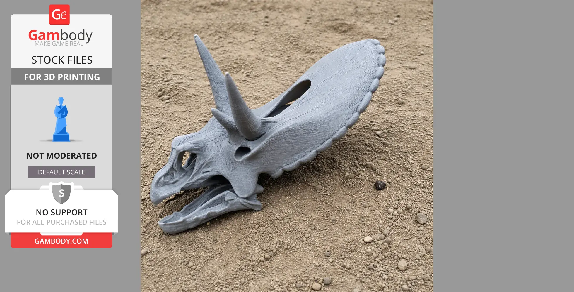 Gray 3D-printed Otogosaurus skull model displayed on sandy ground.