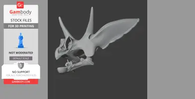 3D model of a stylized Otogosaurus skull with elongated horns and intricate details, ready for printing.