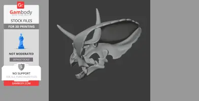 Digital rendering of an Otogosaurus skull for 3D printing, featuring horns and detailed bone structure.