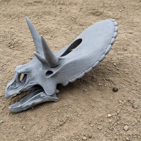 Gray 3D-printed Otogosaurus skull model with prominent horns, resting on a textured surface.