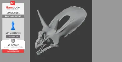 3D model of an Otogosaurus skull with large horns and elongated frill, gray background.