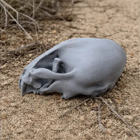 3D printed European otter skull replica resting on sandy ground.