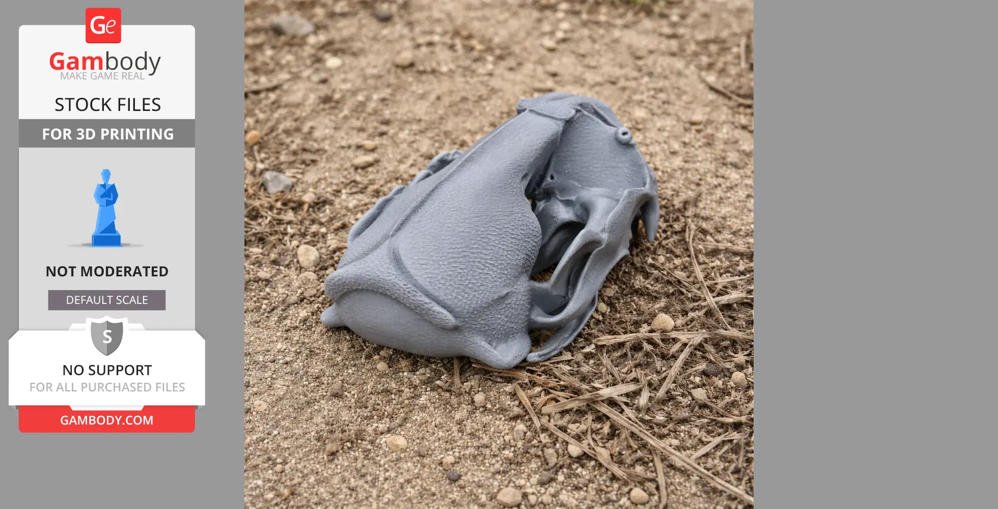 A detailed, gray 3D printed giant otter skull replica on a sandy surface.